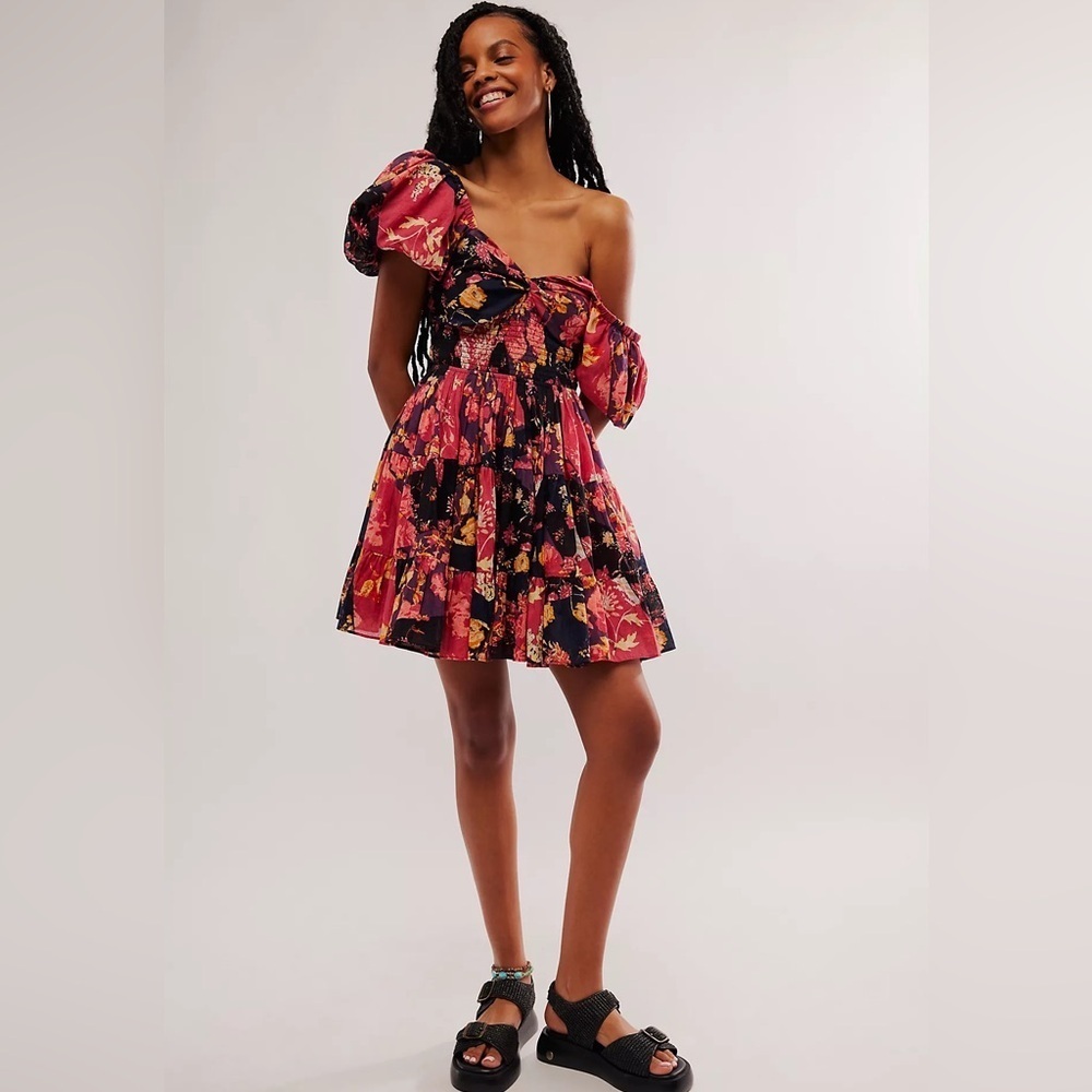 NWOT Free People Sundrenched Floral Puff Sleeve Mini Dress Dark Red Combo size S